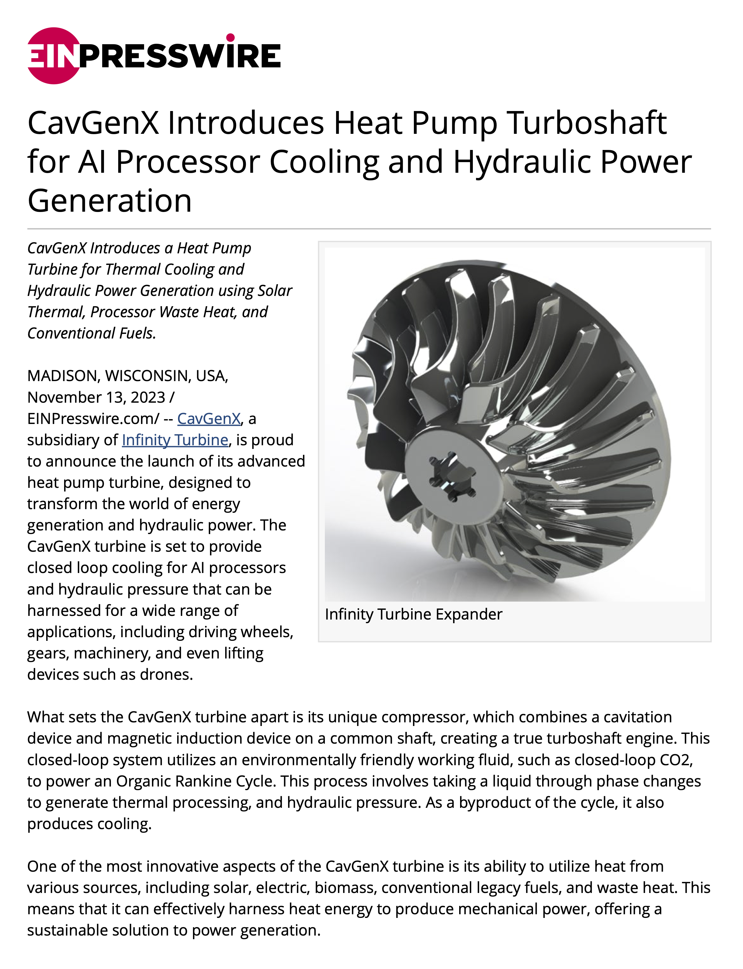 CavGenX Introduces Heat Pump Turboshaft for AI Processor Cooling and Hydraulic Power Generation