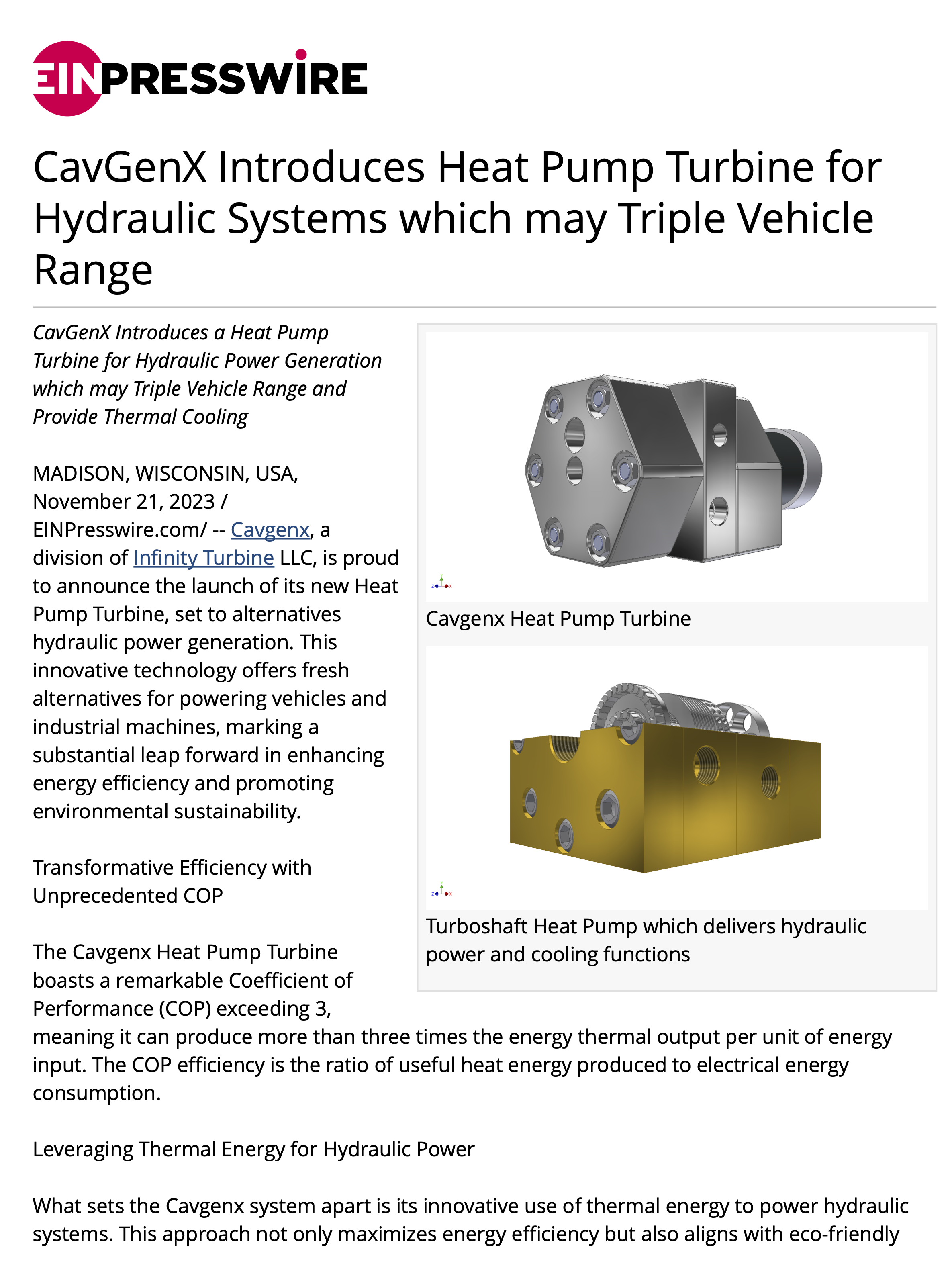CavGenX Introduces Heat Pump Turbine for Hydraulic Systems which may Triple Vehicle Range