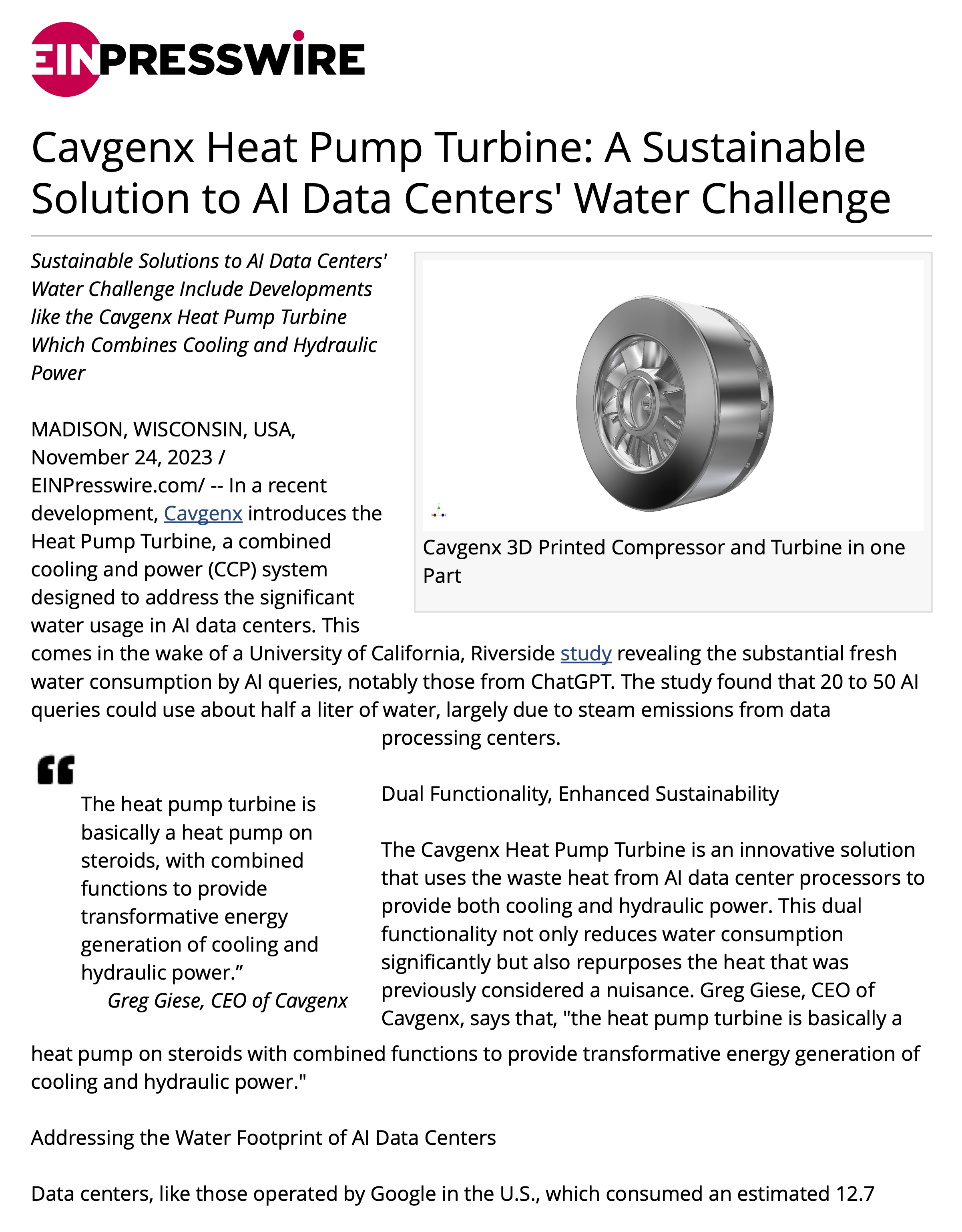 Cavgenx Heat Pump Turbine: A Sustainable Solution to AI Data Centers Water Challenge
